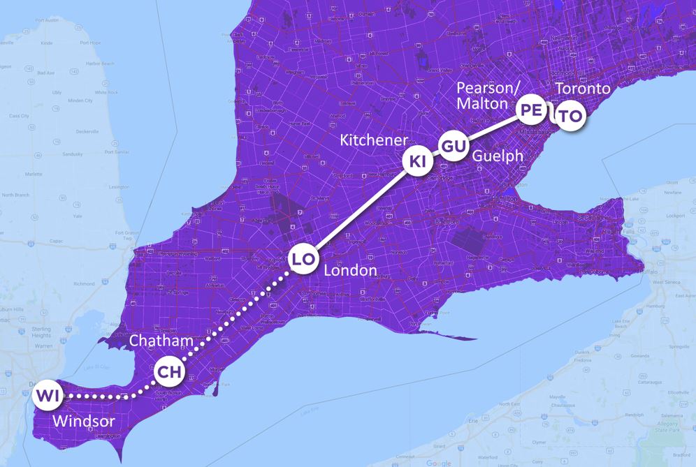 Simple line drawing shows the proposed route and 7 potential stops of high-speed rail service between Toronto Union and Windsor.