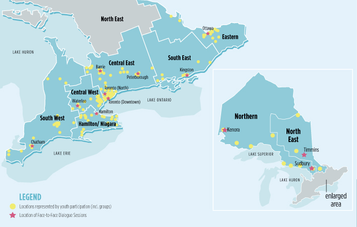 A map showing locations across Ontario where youth provided input. Red stars on the map indicate locations of face to face sessions, and yellow dots are locations represented by youth participation.