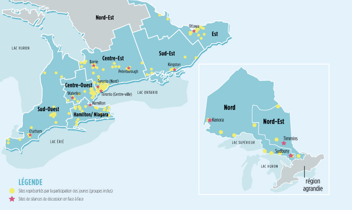 Une carte qui montre les différents lieux de l’Ontario où des jeunes ont donné leur point de vue. Les étoiles rouges représentent les sites des séances de discussion en face à face; les points jaunes signalent les sites représentés par la participation des jeunes.