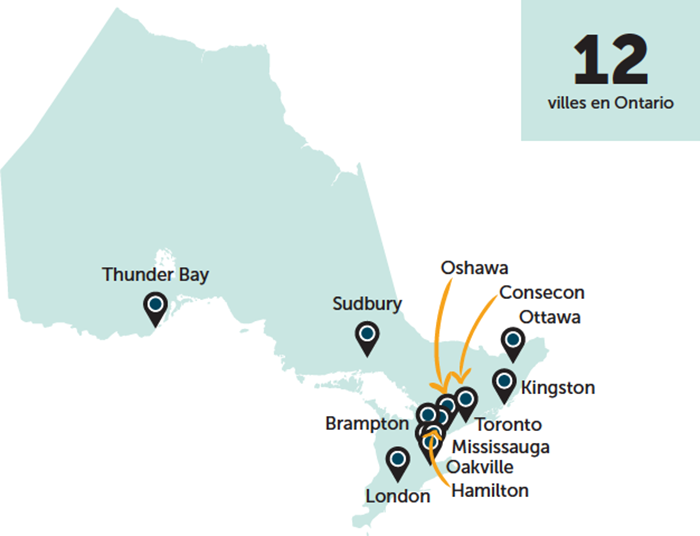 A simplified map of Ontario with 12 relevant cites indicated: Thunder Bay, Sudbury, Oshawa, Consecon, Ottawa, Kingston, Toronto, Mississauga, Oakville, Hamilton, London, and Brampton.