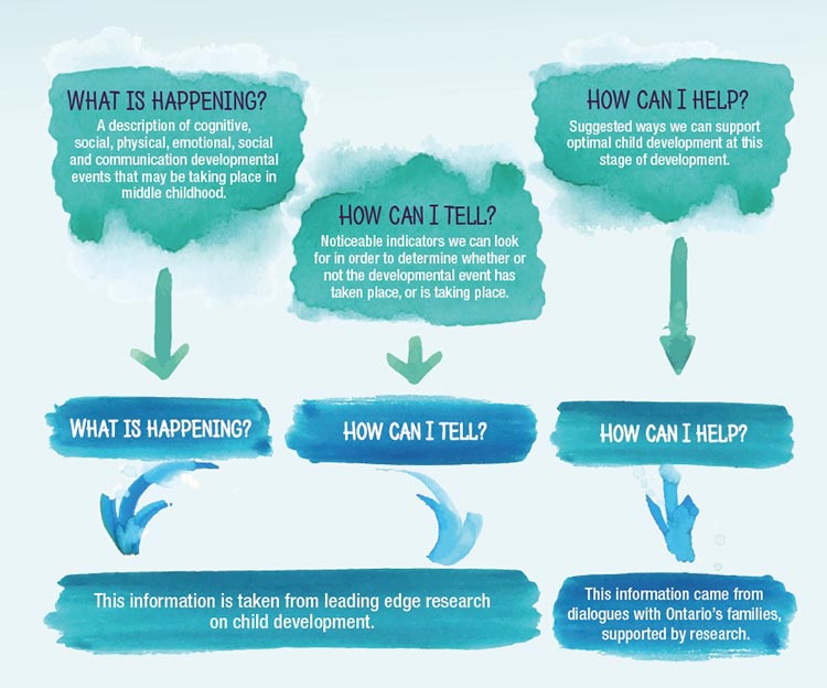 What is happening? A description of cognitive, social, physical, emotional, social and communication developmental events that may be taking place in middle childhood. This information is taken from leading edge research on child development. How can I tell? Noticeable indicators we can look for in order to determine whether or not the developmental event has taken place, or is taking place. This information is taken from leading edge research on child development. How can I help? Suggested ways we can support optimal child development at this stage of development. This information came from dialogues with Ontario's families, supported by research.