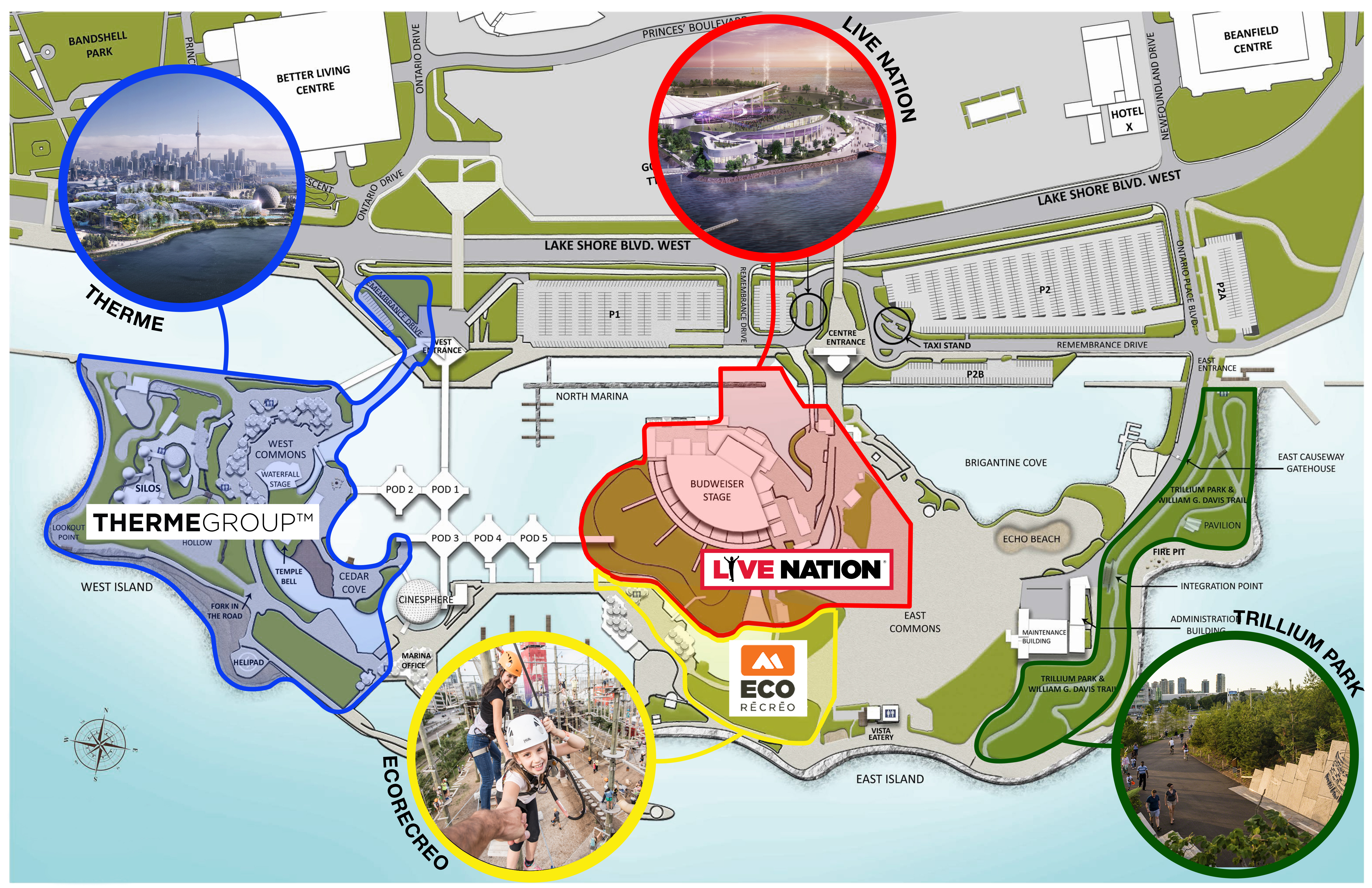 Ontario Place site map with locations of three Call for Development participant attraction sites, as well as Trillium Park, outlined.