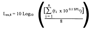 Image of the mathematical equation for determining the equivalent sound exposure level over eight hours that contains the same total energy as that generated by the actual and varying sound levels to which a worker is exposed in his or her total work day.
